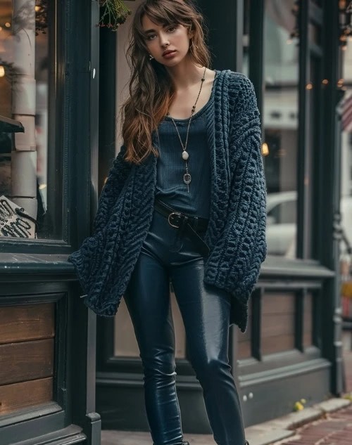 Navy Cardigan, Brown Cowboy Boots, and Leather Leggings