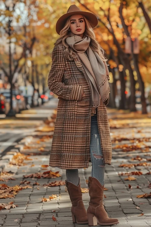 Brown Cowboy Boots, Jeans, and Long Plaid Cardigan